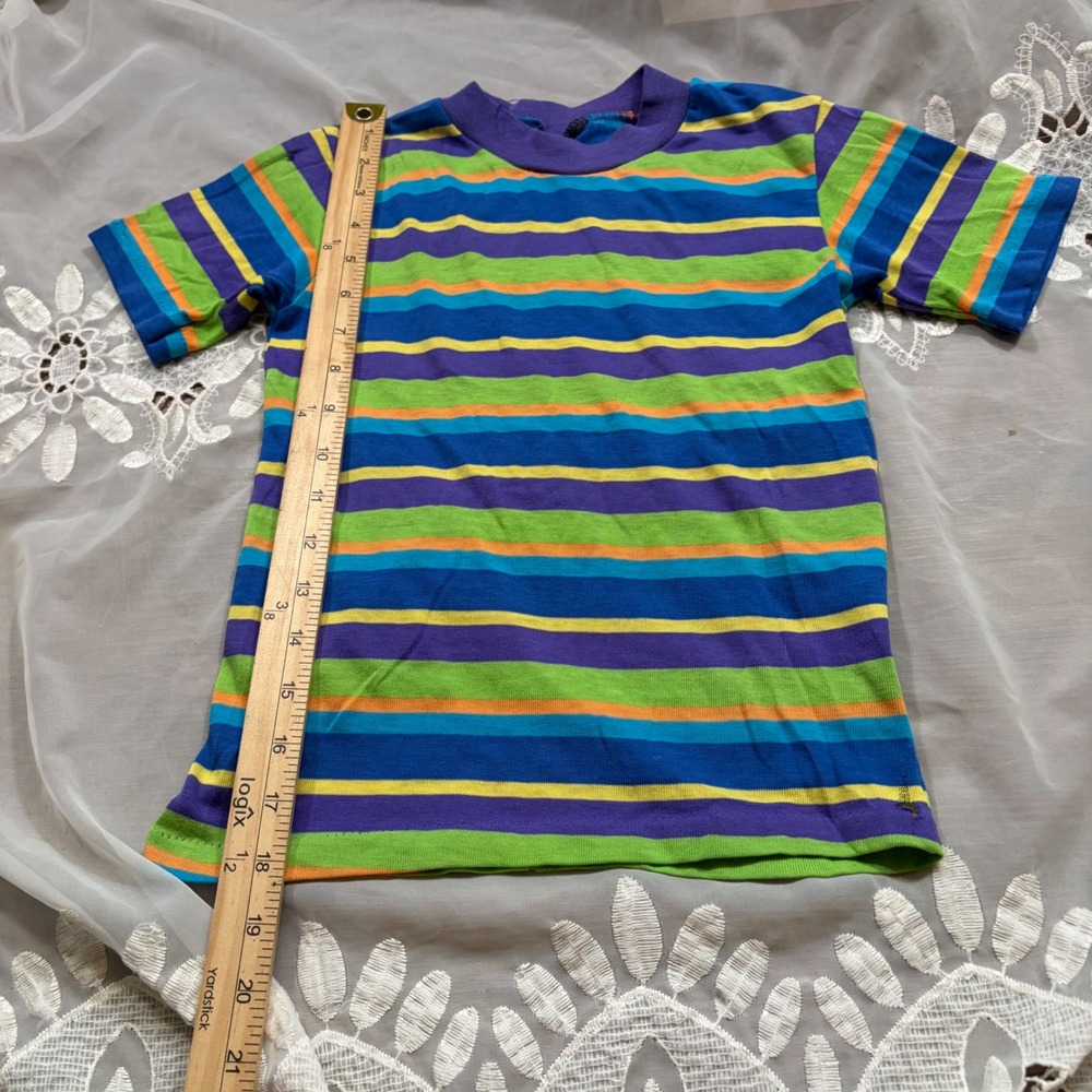 Vintage 70s Kids Multi Color Horizontal Striped Short Sleeve Crewneck T-Shirt - Picture 3 of 5